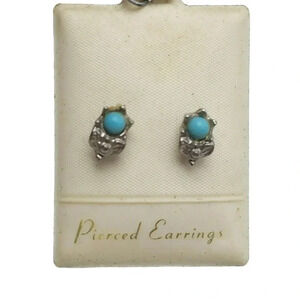 Blue Faux Turquoise Pierced Studs Earrings Flower Silver Tone Vintage NOS